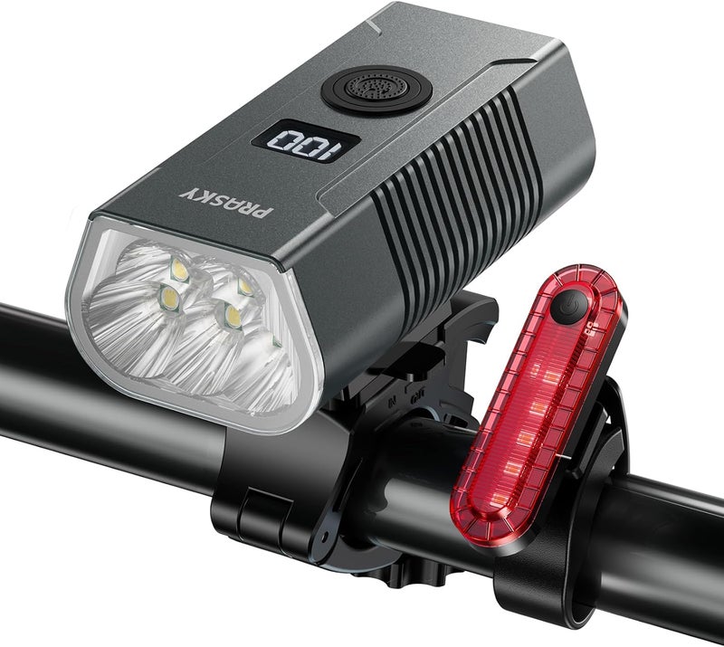 Prasky Bike Lights for Night Riding, USB Rechargeable Mountain Bicycle Headlight, Super Bright, Waterproof, 6+4 Light Modes Bike Light Set for Cyclists and Commuters - Image 1